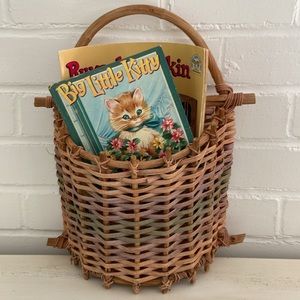 Muted-multicolored hanging wicker storage basket